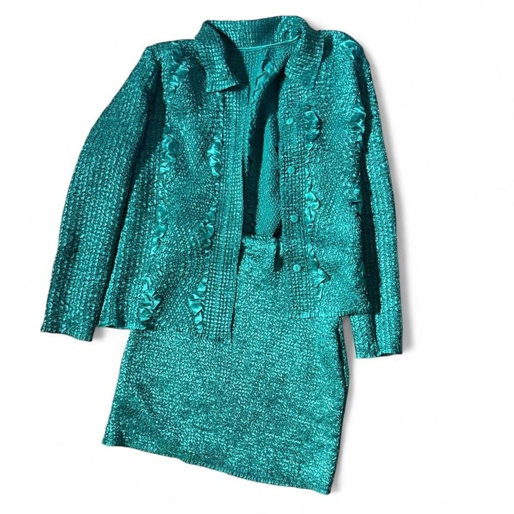 Vintage Teal Crinkle Textured Retro Weird Eccentric Jacket Set Womens M Dopamine